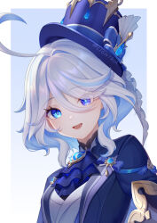 Rule 34 | 1girl, ascot, blue eyes, blue hair, blue hat, blue jacket, blush, breasts, brooch, cowlick, furina (genshin impact), genshin impact, hat, jacket, jewelry, light blue hair, lightria, long sleeves, looking at viewer, multicolored hair, open clothes, open jacket, open mouth, shirt, short hair, small breasts, smile, solo, streaked hair, swept bangs, top hat, white hair, white shirt