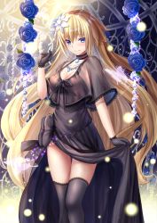 Rule 34 | 1girl, black bow, black capelet, black dress, black gloves, black ribbon, black thighhighs, blonde hair, blue eyes, blue flower, blue rose, blush, bow, breasts, capelet, cleavage, closed mouth, collarbone, commentary request, dress, fate/grand order, fate (series), flower, glint, gloves, hair between eyes, hair flower, hair ornament, hand up, highres, jeanne d&#039;arc (fate), jeanne d&#039;arc (formal dress) (fate), jeanne d&#039;arc (ruler) (fate), long hair, medium breasts, ribbon, rose, see-through, sleeveless, sleeveless dress, smile, solo, standing, thighhighs, toshi (1-147), very long hair, white flower
