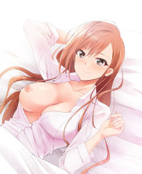 Rule 34 | 1girl, arisugawa natsuha, arm at side, arm behind head, bed, bed sheet, black eyes, blush, breasts, breasts out, brown hair, collarbone, commentary request, from above, highres, idolmaster, idolmaster shiny colors, kaiga, large breasts, long hair, looking at viewer, lying, nipples, no bra, on back, parted bangs, shirt, smile, solo, upper body, white shirt