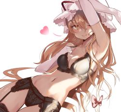 Rule 34 | 1girl, arm up, armpits, asuzemu, black bra, black panties, blonde hair, bow, bra, breasts, cleavage, closed mouth, elbow gloves, garter belt, gloves, hair between eyes, hair bow, hat, hat ribbon, heart, light smile, long hair, looking at viewer, medium breasts, mob cap, navel, one eye closed, panties, red bow, red ribbon, ribbon, simple background, stomach, touhou, underwear, underwear only, white background, white gloves, white hat, yakumo yukari, yellow eyes