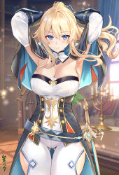 Rule 34 | 1girl, armpits, arms behind head, arms up, belt, black capelet, blonde hair, blue capelet, blue eyes, blush, breasts, buttons, candle, capelet, cleavage, closed mouth, coattails, detached collar, gauntlets, genshin impact, highres, jean (genshin impact), large breasts, long hair, long sleeves, looking at viewer, muka tsuku, multicolored capelet, pants, ponytail, revision, sidelocks, smile, solo, sword, tight clothes, tight pants, weapon, white pants