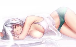 Rule 34 | 1girl, bare arms, bare legs, black ribbon, breasts, cleavage, closed eyes, covered erect nipples, dolphin shorts, eyebrows, hair ribbon, hater (hatater), highres, konpaku youmu, konpaku youmu (ghost), large breasts, lying, micro shorts, on side, ribbon, shorts, silver hair, simple background, sleeping, solo, sword, tank top, touhou, weapon, white background
