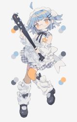 Rule 34 | 1girl, :&lt;, absurdres, ahoge, apron, bare shoulders, baseball bat, bear hair ornament, black bow, black footwear, black ribbon, blue hair, blunt bangs, blunt ends, bow, closed mouth, color guide, daizu (melon-lemon), detached sleeves, expressionless, floating hair, foot up, frilled apron, frilled hairband, frilled sleeves, frills, full body, glasses, grey background, hair ornament, hairband, hairclip, hands up, head tilt, heart, highres, holding, holding baseball bat, holding weapon, large bow, looking at viewer, looking to the side, loose socks, maid headdress, mary janes, nail, nail bat, name tag, neck ribbon, no nose, orange eyes, orange thighhighs, original, plaid, ribbon, round eyewear, semi-rimless eyewear, shoes, short hair, simple background, sleeveless, socks, solo, thighhighs, two side up, under-rim eyewear, waist apron, weapon, white apron, white bow, white hairband, white sleeves, white thighhighs, wide sleeves