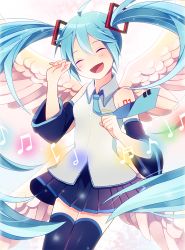 Rule 34 | 1girl, aqua hair, bad id, bad pixiv id, beamed quavers, blush, hatsune miku, long hair, musical note, nokuhashi, open mouth, quaver, skirt, smile, solo, thighhighs, twintails, very long hair, vocaloid, wings