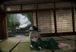 Rule 34 | 1girl, dress, ghost tail, green dress, green eyes, green hair, hat, indoors, long sleeves, looking at viewer, lying, matching hair/eyes, md5 mismatch, monobe tsukuri, nature, on floor, on side, parted lips, puffy sleeves, resized, short hair, soga no tojiko, solo, tate eboshi, touhou