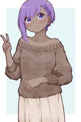 Rule 34 | 1girl, alternate costume, aran sweater, blue background, blush, brown sweater, cable knit, closed mouth, collarbone, dark-skinned female, dark skin, fate/prototype, fate/prototype: fragments of blue and silver, fate (series), hair between eyes, hand up, hassan of serenity (fate), head tilt, highres, i.u.y, long sleeves, looking at viewer, off-shoulder sweater, off shoulder, pleated skirt, puffy long sleeves, puffy sleeves, purple eyes, purple hair, sidelocks, skirt, smile, solo, sweater, two-tone background, v, white background, white skirt