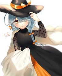 Rule 34 | 1girl, black dress, black hat, blue hair, blush, braid, breasts, closed mouth, dress, hair over one eye, hair over shoulder, hair ribbon, halloween costume, hamanami (kancolle), hat, kantai collection, long hair, long sleeves, multi-tied hair, official alternate costume, orange eyes, oriharaizaya819, ribbon, simple background, single braid, solo, white background, witch hat