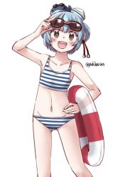 Rule 34 | 1girl, animal, animal on head, bikini, black ribbon, blue hair, commentary request, dixie cup hat, double bun, eyewear on head, fang, hair bun, hand on own hip, hat, innertube, kantai collection, little blue whale (kancolle), military hat, on head, one-hour drawing challenge, open mouth, ribbon, samuel b. roberts (kancolle), short hair, simple background, skin fang, smile, solo, striped bikini, striped clothes, sunglasses, swim ring, swimsuit, twitter username, whale, white background, white hat, yellow eyes, yukiharu