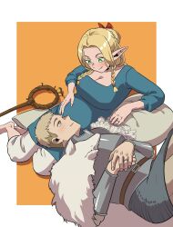 Rule 34 | 1boy, 1girl, ambrosia (dungeon meshi), armor, barefoot, blonde hair, blue dress, blush, breasts, cleavage, closed mouth, commission, cowboy shot, dress, dungeon meshi, eye contact, full body, green eyes, hair ribbon, hetero, highres, husband and wife, jewelry, kang cilok&#039;s, laios touden, lap pillow, large breasts, looking at another, pants, pillow, pointy ears, pregnant, ribbon, ring, second-party source, smile, staff, wedding ring