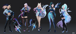 Rule 34 | 5girls, absurdres, ahri (league of legends), akali, blonde hair, character request, clothing request, commentary, dress, earrings, english commentary, english text, evelynn (league of legends), grey background, high heels, highres, jason chan, jewelry, k/da (league of legends), k/da all out seraphine superstar, kai&#039;sa, league of legends, long hair, looking at viewer, multiple girls, official alternate costume, seraphine (league of legends), simple background, standing, tagme, the baddest ahri