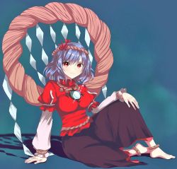 Rule 34 | 1girl, anklet, arm support, bad id, bad pixiv id, barefoot, blue hair, breasts, chirosuke, feet, female focus, hair ornament, jewelry, large breasts, leaf, mirror, on floor, red eyes, rope, shide, shimenawa, sitting, smile, solo, touhou, yasaka kanako