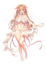 Rule 34 | 1girl, :d, bare shoulders, blonde hair, blush, bow, breast suppress, breasts, bridal veil, destiny child, detached collar, dress, flower, full body, gluteal fold, hair bow, hair flower, hair ornament, heket (destiny child), holding, kkuem, large breasts, leg ribbon, long hair, looking at viewer, navel, official art, open mouth, pearl thong, pink bow, pink flower, pink ribbon, pink rose, purple eyes, ribbon, rose, see-through, shiny skin, shoes, sidelocks, skindentation, smile, solo, standing, straight-on, tachi-e, teeth, thighs, transparent background, twintails, veil, wavy hair, white dress, white flower, white footwear, yellow flower