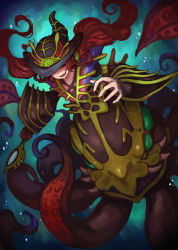 Rule 34 | 1girl, collarbone, duel monster, evigishki gustkraken, gloves, hand up, hat, holding, holding staff, ishii (young-moon), long hair, long sleeves, monster girl, open mouth, red eyes, red hair, scylla, single glove, solo, staff, tentacle girl, tentacles, underwater, wide sleeves, witch hat, yu-gi-oh!