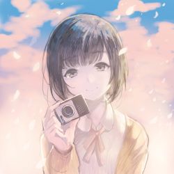 Rule 34 | 1girl, absurdres, brown eyes, brown hair, camera, cloud, cloudy sky, collared shirt, commentary request, day, head tilt, highres, holding, jacket, long sleeves, looking at viewer, neck ribbon, outdoors, petals, red ribbon, ribbon, shirt, short hair, sibyl, sky, smile, solo, white shirt, wing collar