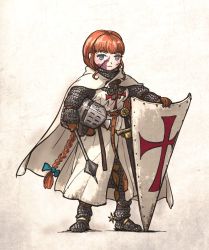 Rule 34 | 1girl, bow, cape, carrying, carrying under arm, chain, flanged mace, gloves, hair bow, unworn headwear, helmet, unworn helmet, holding, holding weapon, ironlily, knight, long hair, looking at viewer, orange hair, original, scar, scar on face, shield, solo, spurs, sword, weapon, white background