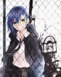 Rule 34 | 10s, 1girl, black hoodie, black necktie, blue hair, brown skirt, chain-link fence, collared shirt, commentary request, darling in the franxx, drawstring, fence, green eyes, hair between eyes, hair ornament, head tilt, hood, hood down, hoodie, ichigo (darling in the franxx), looking at viewer, necktie, open clothes, open hoodie, parted lips, plaid, plaid skirt, pleated skirt, shirt, short hair, skirt, solo, tsukimori usako, white background, white shirt
