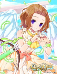 Rule 34 | 1girl, arrow (projectile), ascot, bow (weapon), brown hair, chrono dios, copyright name, feathered wings, heart, heart hands, looking at viewer, official art, original, purin jiisan, purple eyes, short hair, smile, solo, weapon, wings, wrist cuffs