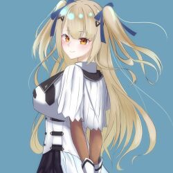 Rule 34 | 1girl, arms behind back, assault lily, black skirt, blue background, blue ribbon, blunt bangs, blush, breasts, closed mouth, cropped jacket, from side, gloves, hair ornament, hair ribbon, hairclip, highres, large breasts, layered sleeves, light brown hair, long hair, long sleeves, looking at viewer, looking to the side, nanakusa yukiusagi, orange eyes, own hands together, pleated skirt, ribbon, shirt, short sleeves, simple background, skirt, smile, solo, standing, tada shiera, two side up, upper body, very long hair, wavy hair, white gloves, white shirt, wide sleeves
