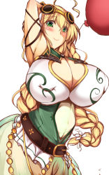 Rule 34 | 1girl, ahoge, arm behind head, arm up, armpits, balloon, balloon vine (flower knight girl), belt, blonde hair, blush, braid, breasts, cleavage, cleavage cutout, clothing cutout, cowboy shot, curvy, dress, covered erect nipples, female focus, flower knight girl, goggles, goggles on head, green eyes, green skirt, heart, heart-shaped pupils, huge breasts, leaning forward, long hair, long skirt, looking at viewer, see-through, simple background, skirt, smile, solo, standing, symbol-shaped pupils, very long hair, white background, yuuichi (eunoxline)