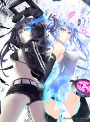 Rule 34 | 10s, 2girls, alternate breast size, aqua hair, arm up, artist name, ass, bad id, bad pixiv id, bare shoulders, bares, bikini, bikini top only, black hair, black legwear, black rock shooter, black rock shooter (character), blue eyes, breasts, crossover, glowing, glowing eye, hatsune miku, holding, long hair, medium breasts, multiple girls, puuzaki puuna, shorts, star (symbol), swimsuit, thighhighs, twintails, very long hair, vocaloid, zipper