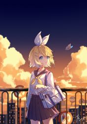 Rule 34 | 1girl, absurdres, ahoge, arm at side, bag, black sailor collar, black skirt, blonde hair, blue eyes, blurry, blurry background, bug, butterfly, chaji xiao bai, cloud, cloudy sky, commentary request, dated, depth of field, evening, gradient sky, hair ornament, hair ribbon, hairclip, highres, insect, kagamine rin, long sleeves, looking away, looking to the side, medium skirt, neckerchief, parted lips, pleated skirt, railing, ribbon, road sign, sailor collar, school bag, school uniform, serafuku, shirt, short hair, sign, signature, skirt, sky, solo, sunset, swept bangs, tareme, vocaloid, white ribbon, white shirt, yellow neckerchief