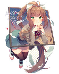 Rule 34 | 1girl, black thighhighs, blue skirt, blush, bow, brown hair, closed mouth, commentary request, copyright name, doki doki literature club, feathers, green eyes, grey jacket, highres, interlocked fingers, jacket, long hair, looking at viewer, mary janes, mechanical pencil, monika (doki doki literature club), paper, pencil, red ribbon, ribbon, shifumame, shoes, skirt, smile, solo, thighhighs, very long hair, white bow, white feathers, white footwear, zettai ryouiki