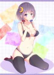 Rule 34 | 1girl, :o, alternate costume, alternate hairstyle, amatsuki hotaru, bare shoulders, black bra, black panties, black thighhighs, bra, breasts, collarbone, covered erect nipples, crescent, crescent hair ornament, hair ornament, hand on own chest, high heels, highres, kneeling, lace, lace-trimmed bra, lace trim, large breasts, multicolored background, navel, panties, patchouli knowledge, purple eyes, purple hair, short hair, solo, stomach, thighhighs, touhou, underwear, underwear only
