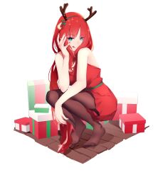 Rule 34 | 1girl, :q, absurdres, alternate costume, antlers, bare arms, bare shoulders, bell, blue eyes, box, brown pantyhose, christmas, christmas present, dress, full body, genshin impact, gift, gift box, hair bell, hair ornament, hand in own hair, hand on own face, high heels, highres, holding, holding shoes, horns, leaf hair ornament, long hair, looking at viewer, low twintails, nilou (genshin impact), pantyhose, parted bangs, r2r, red dress, red footwear, red hair, red nails, santa costume, shoes, sidelocks, simple background, sleeveless, sleeveless dress, solo, sparkle, squatting, thighs, tongue, tongue out, twintails, unworn shoes, white background, wooden floor