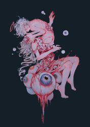 Rule 34 | 1boy, 1girl, barefoot, black background, blood, blood on hands, blue eyes, body horror, completely nude, deadprince, extra eyes, eyeball, floating, disembodied eye, grey eyes, grey hair, guro, halo, highres, horror (theme), long hair, looking at another, monster, nude, open mouth, orange eyes, original, red eyes, simple background, slit pupils, teeth, tongue, upper teeth only, white hair