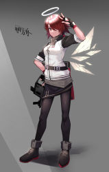 Rule 34 | 1girl, absurdres, arknights, arm up, black footwear, black gloves, black pantyhose, black skirt, breasts, closed mouth, commentary request, copyright name, detached wings, exusiai (arknights), fingerless gloves, full body, ginopi, gloves, glowing, grey background, gun, hair over one eye, halo, hand on own hip, highres, holding, holding gun, holding weapon, jacket, kriss vector, pantyhose, red eyes, red hair, shadow, shoes, short sleeves, skirt, small breasts, smile, solo, standing, submachine gun, v, weapon, white jacket, wings