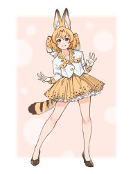 Rule 34 | 10s, 1girl, absurdres, adapted costume, animal ears, blonde hair, bow, commentary request, full body, gloves, hair bow, high heels, highres, kemono friends, large bow, legs, legs apart, long sleeves, looking at viewer, parted lips, petticoat, serval (kemono friends), serval tail, shirt, short hair, skirt, smile, solo, suzushiro (suzushiro333), tail, white gloves, white shirt, yellow eyes, yellow skirt