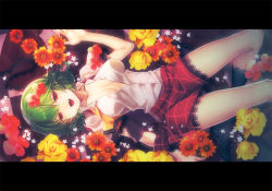 Rule 34 | 1girl, breasts, cleavage, fangs, flower, green hair, hair flower, hair ornament, kazami yuuka, letterboxed, looking at viewer, lying, misti, on back, plaid, plaid skirt, red eyes, shirt, short hair, short sleeves, skirt, solo, touhou, unbuttoned