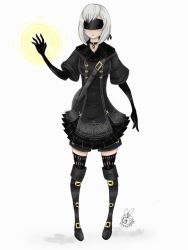 Rule 34 | 1girl, android, bag, boots, choker, coat, elbow gloves, gender request, genderswap, genderswap (mtf), gloves, highres, nier (series), nier:automata, short hair, solo, thigh boots, thighhighs, weapon, 9s (nier:automata)
