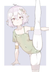 Rule 34 | 1girl, antenna hair, armlet, armpits, ass, bike shorts, cameltoe, covered navel, elf, flat chest, flower, green leotard, grey background, hair flower, hair ornament, kneepits, kokkoro (princess connect!), leg up, legs, leotard, pantyhose, pointy ears, princess connect!, red eyes, s10021, short hair, shorts, silver hair, simple background, smile, solo, split, standing, standing on one leg, standing split, thighhighs, thighs, white pantyhose, white shorts