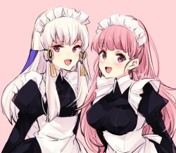 Rule 34 | 2girls, alternate costume, bad id, bad twitter id, blush, breasts, earrings, enmaided, female focus, fire emblem, fire emblem: three houses, hair down, hair ornament, hilda valentine goneril, jewelry, large breasts, long hair, lysithea von ordelia, maid, maid headdress, matching hair/eyes, multiple girls, naho (pi988y), nintendo, open mouth, pink background, pink eyes, pink hair, simple background, twitter username, upper body, white hair