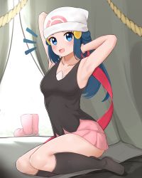 Rule 34 | 1girl, :d, absurdres, armpits, arms behind head, bare arms, beanie, blue eyes, blue hair, blush, boots, brown socks, collarbone, creatures (company), dawn (pokemon), eyelashes, full body, game freak, hair ornament, hairclip, hat, highres, kneehighs, long hair, looking at viewer, mockingeu, nintendo, notice lines, open mouth, pink skirt, poke ball print, pokemon, pokemon dppt, presenting armpit, scarf, shirt, sidelocks, sitting, skirt, smile, socks, solo, tent interior, tongue, undershirt, unworn boots, unworn scarf, white hat