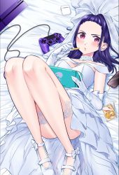Rule 34 | 1girl, :o, akino sayuri, bow, breasts, bridal veil, dosanko gal wa namaramenkoi, dress, elbow gloves, food, game console, gloves, hair behind ear, handheld game console, high heels, highres, holding, holding food, holding handheld game console, ikada kai, long hair, looking at viewer, medium breasts, nintendo switch lite, off-shoulder dress, off shoulder, official art, open mouth, playstation 4, playstation controller, purple eyes, purple hair, sitting, solo, veil, wedding dress, white bow, white dress, white footwear, white gloves