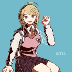 Rule 34 | 1girl, :d, ahoge, akamatsu kaede, backpack, bag, blonde hair, blue background, breasts, collared shirt, commentary request, danganronpa (series), danganronpa v3: killing harmony, dated, fortissimo, hair ornament, hand up, kiri (2htkz), large breasts, long hair, long sleeves, looking at viewer, miniskirt, musical note, musical note hair ornament, necktie, open mouth, pink sweater vest, pink vest, pleated skirt, school uniform, shirt, simple background, sitting, skirt, smile, solo, sweater vest, translation request, vest, white shirt