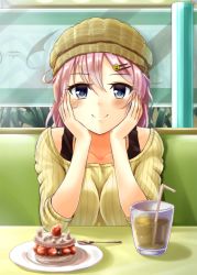 Rule 34 | 10s, 1girl, aoba (kancolle), arm support, beanie, blue eyes, blush, booth seating, brown hat, cake, cake slice, chair, closed mouth, collarbone, contemporary, cream, drink, drinking straw, eyebrows, eyelashes, food, fork, fruit, glass, gunner (stardustgunner), hair ornament, hairclip, hands up, hat, head rest, indoors, kantai collection, liquid, long sleeves, looking at viewer, pink hair, plant, plate, potted plant, ribbed sweater, short hair, smile, smiley face, solo, strawberry, sweater, table, transparent, upper body, window