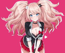 Rule 34 | 1girl, absurdres, bear hair ornament, black bra, black choker, black necktie, black shirt, blue eyes, bow, bra, breasts, choker, closed mouth, cowboy shot, danganronpa: trigger happy havoc, danganronpa (series), enoshima junko, hair ornament, heart, highres, hy (fjvlg), large breasts, leaning forward, looking at viewer, miniskirt, necktie, outline, pink background, red bow, red skirt, shirt, simple background, skirt, smile, twintails, underwear, white necktie, white outline