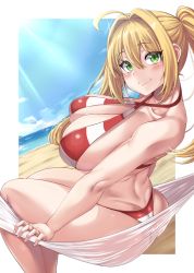 Rule 34 | 1girl, ahoge, alternate breast size, ass, beach, bikini, blonde hair, breasts, cleavage, closed mouth, criss-cross halter, day, dimples of venus, dutch angle, fate/grand order, fate (series), hair between eyes, hair intakes, halterneck, hammock, highres, huge breasts, long hair, looking at viewer, looking back, looking up, moisture (chichi), nero claudius (fate), nero claudius (fate) (all), nero claudius (swimsuit caster) (fate), outdoors, outside border, sidelocks, skindentation, smile, solo, striped bikini, striped clothes, swimsuit, twintails