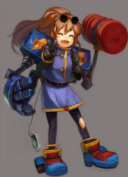 Rule 34 | 1girl, absurdres, bag, brown hair, child, face, gloves, handheld game console, happy, highres, long hair, mechanical arms, mechanical parts, pantyhose, playstation portable, ponytail, precis neumann, revision, shirabi, single mechanical arm, solo, star ocean, star ocean the second story, torn clothes, torn pantyhose, v