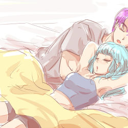 Rule 34 | 1boy, 1girl, arms up, bed, blanket, blue hair, bra (dragon ball), breasts, brother and sister, dragon ball, miiko (drops7), open mouth, purple hair, siblings, sleeping, trunks (dragon ball)