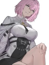 Rule 34 | 1girl, black necktie, breasts, cloak, covered navel, feet out of frame, hand on own knee, highres, large breasts, light smile, looking at viewer, medium hair, necktie, open mouth, parted lips, pink eyes, pink hair, punishing: gray raven, seilindekos, sitting, solo, the merciful one (punishing: gray raven), two-tone dress, white background, white cloak