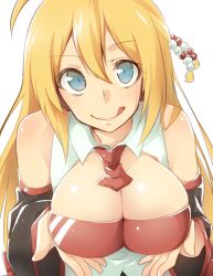 Rule 34 | 1girl, :q, bad id, bad nicoseiga id, blonde hair, blue eyes, breast lift, breasts, cleavage, detached sleeves, hair ornament, large breasts, long hair, looking at viewer, solo, tongue, tongue out, tsurumaki maki, vivi-t (akagami), vocaloid, voiceroid, white background