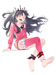Rule 34 | 1girl, ^ ^, absurdres, ankle ribbon, ass, barefoot, black hair, blush, breasts, closed eyes, crown, earrings, closed eyes, fate/grand order, fate (series), feet, highres, ishtar (fate), ishtar (swimsuit rider) (fate), jacket, jewelry, leg ribbon, long hair, makise minami, pink thighhighs, ribbon, simple background, single thighhigh, soles, solo, teeth, thighhighs, toes, white background
