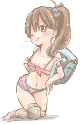 Rule 34 | 1girl, ;q, backpack, bag, blush, breasts, brown eyes, brown hair, female focus, hair ribbon, hand on own hip, heart, kiyomiya ryou, kneeling, long hair, navel, nipples, one eye closed, original, ponytail, ribbon, simple background, small breasts, solo, thighs, tongue, tongue out, white background, wink