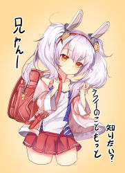 Rule 34 | 1girl, absurdres, animal ears, artist request, azur lane, backpack, bag, collarbone, fake animal ears, gradient background, hair between eyes, hair ornament, headband, highres, holding, holding own hair, jacket, laffey (azur lane), leaning to the side, light purple hair, looking at viewer, orange background, rabbit ears, randoseru, red eyes, simple background, solo, translation request, twintails, twirling hair