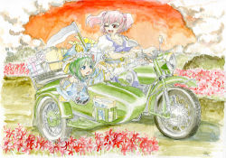 Rule 34 | 2girls, alternate costume, blue eyes, breasts, cleavage, contemporary, female focus, green hair, hair bobbles, hair ornament, hat, master (4th), medium breasts, motor vehicle, motorcycle, multiple girls, one eye closed, onozuka komachi, painting (medium), red eyes, red hair, scythe, shiki eiki, short hair, sidecar, touhou, traditional media, twintails, two side up, vehicle, watercolor (medium), wink