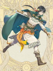 Rule 34 | 1boy, black hair, blue eyes, boots, bracer, brown footwear, cape, commission, dairoku ryouhei, full body, gloves, green cape, holding, holding spear, holding weapon, infospikee, joha kigal, knife, long hair, long sleeves, male focus, pants, polearm, ponytail, pouch, running, simple background, solo, spear, weapon